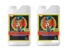 Weiße Plastikflasche Advanced Nutrients pH Perfect Connoisseur Grow Part B mit farbigem Etikett, das einen eleganten Hund mit Hut zeigt Weiße Plastikflasche Advanced Nutrients pH Perfect Connoisseur Grow Part B mit farbigem Etikett, das einen eleganten Hund mit Hut zeigt