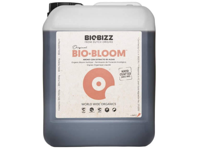 BioBizz Bio-Bloom 5l plastový kanystr s bílým víkem a oranžovým designem etikety, organické hnojivo pro květové období rostlin