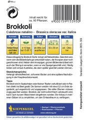 Broccoli Calabrese Natalino -siemenpakkauksen takasivu saksankielisillä viljelyohjeilla, viivakoodilla ja Kiepenkerl-logolla