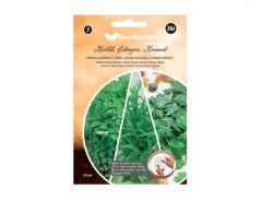 Pomarańczowe opakowanie krążków wysiewnych Kerblík commun, estragon, kolendra 3szt. od EasyGarden z fotografiami zielonych ziół i białym logo marki