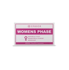 Prednja strana bijele ambalaže Endoca CBD čepića s ružičastim natpisom Women's Phase, namijenjeni potpori menstruacijskog ciklusa i menopauze