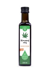 Zielona Ziemia Olej konopny ČR Bio 250 ml w ciemnobrązowej szklanej butelce z czarną nakrętką i biało-zieloną etykietą z ikoną liścia konopi