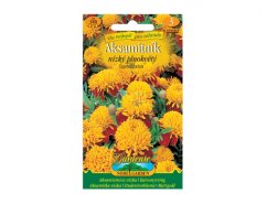 Zaadzakje Afrikaantjes met afbeelding van oranje en gele gevulde bloemen op groene en bruine tuinetiketten
