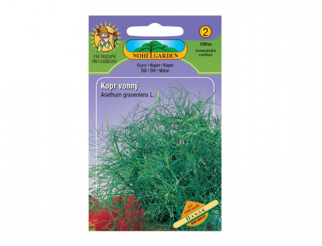 Balení osiva kopru vonného Noble Garden s fialovým obalem, zelená ilustrace jemných koprových listů a oranžová etiketa s počtem semen