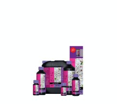 Atami B'cuzz Bloom Stimulator květový stimulátor v černých plastových lahvích různých velikostí s růžovo-fialovými etiketami s květinovým motivem
