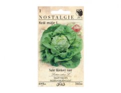 Pachet de semințe de salată timpurie Regele Mai I de la Nostalgie cu imagine de salată verde și text alb pe fundal bej Pachet de semințe de salată timpurie Regele Mai I de la Nostalgie cu imagine de salată verde și text alb pe fundal bej