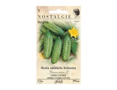 Balení semen okurky nakládačky hruboostné Regina F1 od značky Nostalgie s obrázkem zelených okurek s bílými ostny a žlutým květem