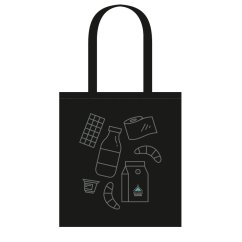 Crna platnena torba Lječilišna kava s dugim ručkama i sivim konturnim ilustracijama - čokolada, bočica, žemlja, košara i paket kave Crna platnena torba Lječilišna kava s dugim ručkama i sivim konturnim ilustracijama - čokolada, bočica, žemlja, košara i paket kave