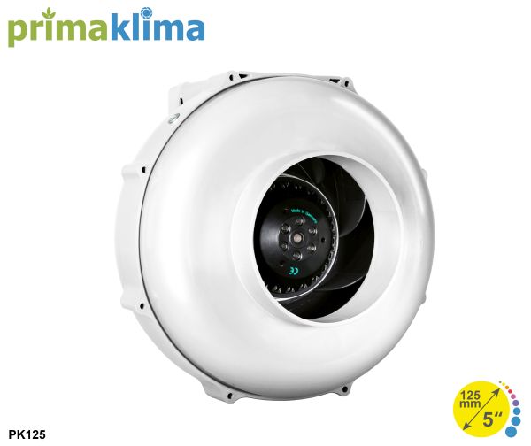 Bílý kulatý radiální ventilátor Prima Klima PK125 TEMP CTRL s plastovým krytem a černými lopatkami, výkon 400m3/h s regulací teploty