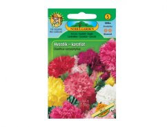Envase de semillas de color Clavel Mix de Noble Garden con fotografía de flores multicolor en tonos rosa, rojo, amarillo y blanco