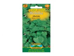 Paquete de semillas de Melisa oficinal con imagen de hojas verdes arrugadas sobre fondo verde, texto blanco-amarillo con nombre del producto
