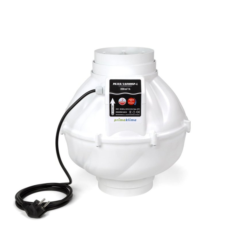 Bílý kulatý ventilátor Prima Klima Whisperblower Double flange PK150/160 MES s výkonem 890 m3/h, plastové tělo s černým štítkem a kabelem