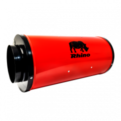 Červený cylindrický ventilátor Rhino Ultra Silent EC s černými koncovkami a logem nosorožce, průměr 200mm pro odvětrávání pěsteben