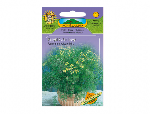 Balení semen fenyklu kořeninového Aromatil plants v zeleno-fialovém obalu s fotografií vzrostlé rostliny s drobnými žlutými květy