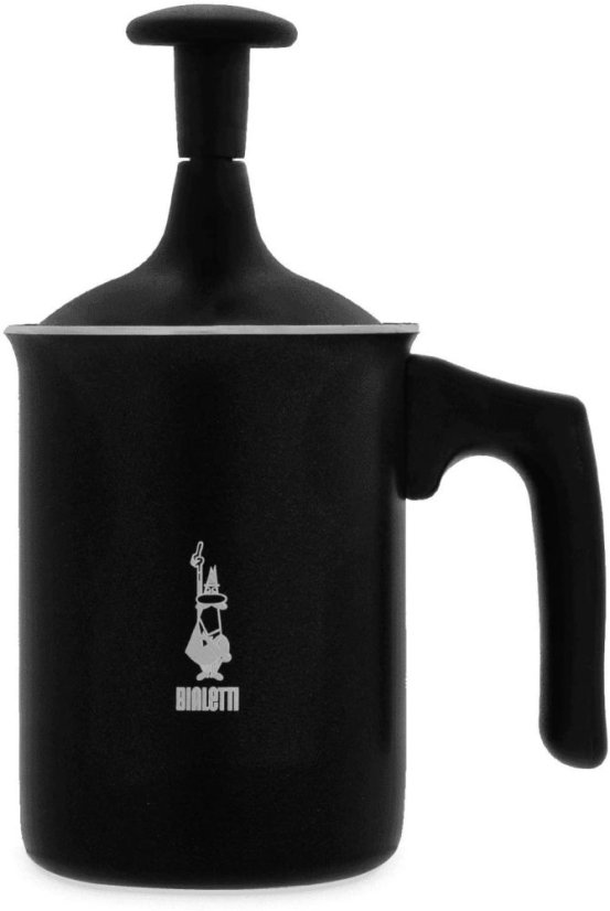 Černý ruční napěňovač mléka Bialetti Tuttocrema 166 ml s plastovým tělem, ergonomickou rukojetí a pístovým mechanismem pro přípravu pěny