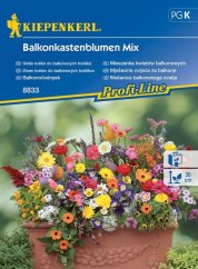 Kleurenmix van bloeiende balkonplanten in oranje terracotta plantenbak - Mengsel van bloemen voor balkonbakken met roze, gele, paarse en witte bloemen