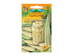 Orange and green packaging for corn seeds with a jar of pickled corn cobs against a white product background