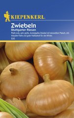 Balíček semen cibule Stuttgarter Riesen s modro-žlutým designem, obsahuje fotografie velkých žluto-hnědých cibulek s číslem odrůdy 535