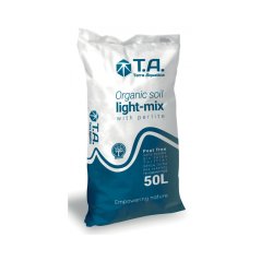 Bílý plastový pytel s modro-bílým designem obsahující T.A. Organic Soil Light-Mix 50L bez rašeliny, certifikovaný substrát pro bio pěstování
