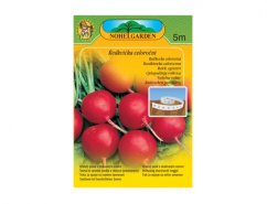 Colorful packaging of Lada year-round radish sowing tape with green-yellow design, photo of red round radishes and Noble Garden logo Colorful packaging of Lada year-round radish sowing tape with green-yellow design, photo of red round radishes and Noble Garden logo
