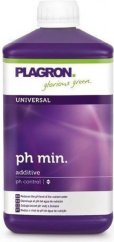 Regolatore Plagron pH Minus - bottiglia di plastica viola con tappo bianco, etichetta verde-viola con scritta ph min. additivo per regolare il pH