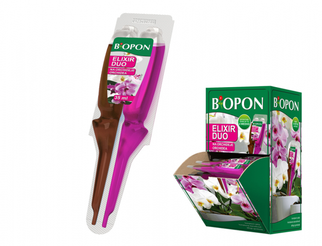 Hnojivo BOPON ELIXÍR DUO na orchideje 35ml v plastovém obalu s dvěma komorami - hnědou a růžovou, vedle prodejního kartonu se zeleným pozadím