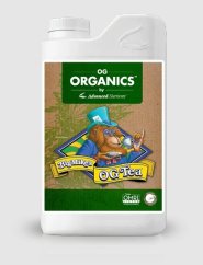 Bílá plastová láhev Advanced Nutrients OG Organics BigMike's OG Tea 1L s barevným etiketem zobrazujícím postavu opice s doutníkem Bílá plastová láhev Advanced Nutrients OG Organics BigMike's OG Tea 1L s barevným etiketem zobrazujícím postavu opice s doutníkem