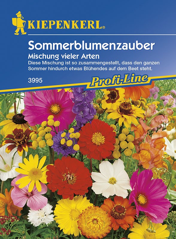 Kolorowe opakowanie nasion Letnie czary kwiatów od Kiepenkerl z fotografią wielobarwnych kwiatów - różowe, żółte, pomarańczowe i fioletowe kwiaty na niebieskim tle