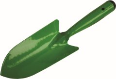 Dettaglio di una paletta verde per trapianto con impugnatura ergonomica in plastica e lama metallica larga per lavorare il terreno e piantare