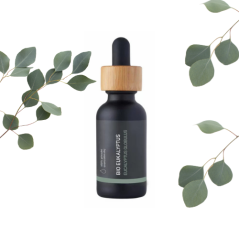 BIO eucalyptus etherische olie in zwarte glazen fles met houten dop en pipet, omringd door groene eucalyptustakken BIO eucalyptus etherische olie in zwarte glazen fles met houten dop en pipet, omringd door groene eucalyptustakken