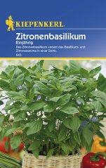 Opakowanie nasion bazylii cytrynowej Kiepenkerl z niebiesko-żółtym opakowaniem, na którym zdjęcie zielonej rośliny w koszyku otoczonej warzywami