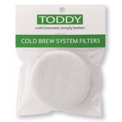 Bolsa de plástico blanca con filtros Toddy para el sistema Home Cold Brew, con inscripción verde en la parte superior, contiene un filtro redondo blanco para café
