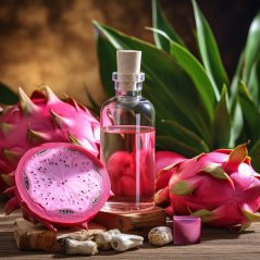 Bouteille en verre avec bouchon en liège et huile essentielle rose de fruit du dragon, placée entre fruits frais et feuilles vertes sur support en bois