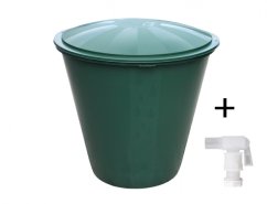 Fusto di plastica verde con coperchio trasparente e valvola bianca, capacità di 210 litri, forma conica ideale per la raccolta di acqua piovana