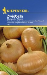 Onion seed packet Stuttgarter Riesen with blue-yellow design, contains photos of large yellow-brown onions with variety number 535
