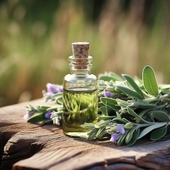 Glazen flesje met kurken dop met goudgele BIO salie-etherische olie op houten ondergrond met verse groene bladeren