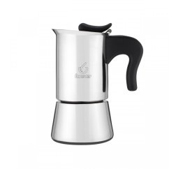 Ruostumaton teräs moka-pannumalli Forever Miss Splendy kiiltävällä hopeisella pinnalla ja mustalla ergonomisella kahvalla, tyylikäs kahvinvalmistusmuotoilu