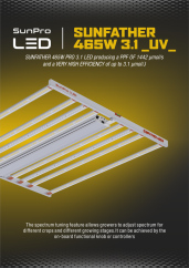 Iluminat SunPro SUNFATHER 465W 3.1 UV LED cu ramă metalică albă și benzi LED galbene pentru creșterea plantelor cu eficiență înaltă 3,1 µmol/J Iluminat SunPro SUNFATHER 465W 3.1 UV LED cu ramă metalică albă și benzi LED galbene pentru creșterea plantelor cu eficiență înaltă 3,1 µmol/J