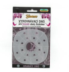 Utjämningsbotten för orkidéer diameter 10cm - genomskinlig plastbotten med hål i cirkelform i svart fodral med lila orkidéer Utjämningsbotten för orkidéer diameter 10cm - genomskinlig plastbotten med hål i cirkelform i svart fodral med lila orkidéer