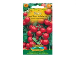 Confezione di semi di pomodoro a grappolo da balcone rossi con design verde, foto di piccoli pomodori rossi sui rami e scritta Gamentin