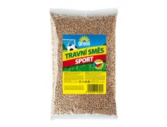 Plastic bag with GRASS SPORT 1kg grass mix containing brown grass seeds, equipped with colorful label with blue, yellow and green design