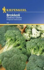 Parsakaalin Calabrese natalino -siemenpakkaus Kiepenkerl, numero 395, sininen pakkaus keltaisella logolla, vihreät parsakaalipäät