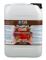 Bílý plastový kanystr T.A. DualPart Coco Bloom 10l s hnědým etiketem, černým uzávěrem a obrázkem květu pro výživu rostlin v kokosu