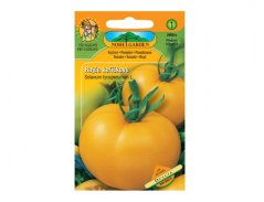 Confezione di semi di pomodori a grappolo Dulcia di Noble Garden con design arancione, che mostra un pomodoro rotondo giallo sulla pianta con tabella informativa
