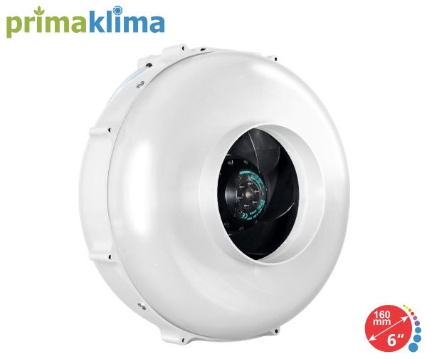 Bílý plastový potrubní ventilátor Prima Klima PK160A s černou ventilátorovou lopatkou, kulatý tvar s průměrem 160mm pro ventilaci