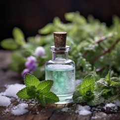 Malá skleněná lahvička s korkovým uzávěrem naplněná průhledným esenciálním olejem z máty peprné mezi čerstvými zelenými lístky máty