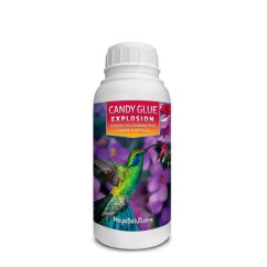 Bílá plastová láhev Candy Glue Explosion metabolického stimulátoru s barevným štítkem zobrazujícím kolibříka na fialovém pozadí, objem 250 ml