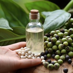 Clear glass bottle with cork stopper full of transparent oil, white pepper seeds in hand, green leaves and colorful pepper grains in background
