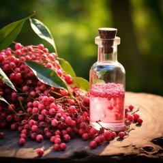 Bottiglia di vetro trasparente con tappo in sughero riempita di liquido rosa, posizionata accanto a bacche rosse di pepe rosa su un tagliere di legno Bottiglia di vetro trasparente con tappo in sughero riempita di liquido rosa, posizionata accanto a bacche rosse di pepe rosa su un tagliere di legno