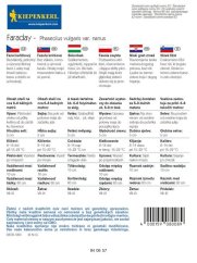 Zadní strana balení osiva fazolu keříčkového Faraday s detailními informacemi o pěstování, sklizni a vlastnostech této odrůdy v několika jazycích